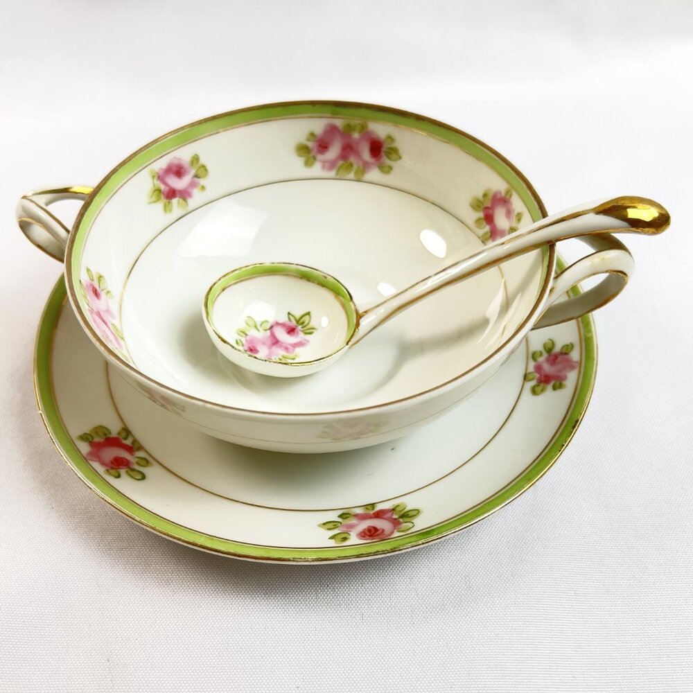 Antique Nippon Hand Painted 3 pc. Bowl Set Gold Trim Pre-1921 Japan Mark